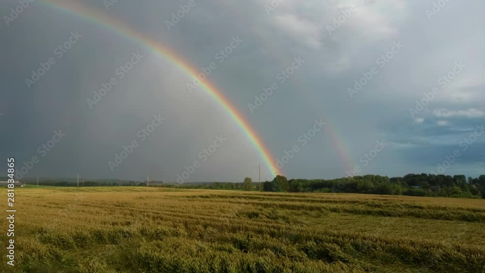 Rainbow Above Wheat Field. Flight Above Ripe Crop Field After Rain and Colorfull Rainbow in Background Rural Countryside. Areal Dron Shoot. Rainbow Above Wheat Field. Flight Above Ripe Crop Field After Rain and Colorfull Rainbow in Background Rural Countryside. Areal Dron Shoot.