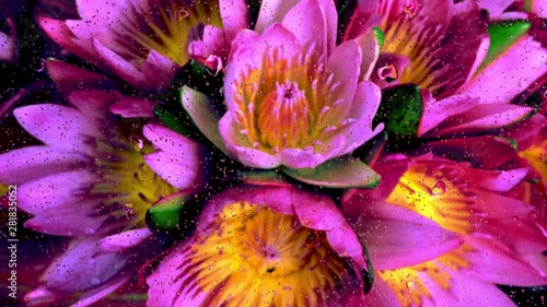 Realistic rain drops on glass window from the flower garden, 4K video.