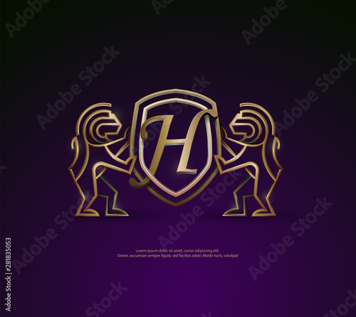 3d golden vintage H letter lion shield crest monoline logo template