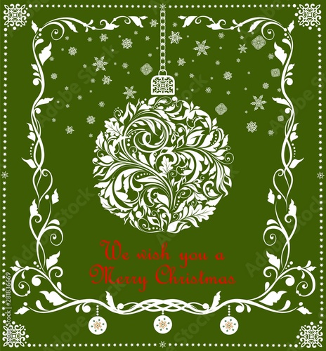 Christmas craft hanging white ball with paper cutting floral pattern, snowflakes and border for seasonal greetings