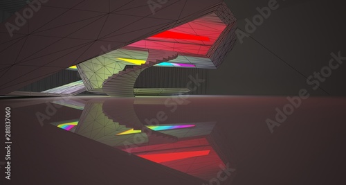 Abstract architectural drawing white interior of a minimalist house with color gradient neon lighting. 3D illustration and rendering.