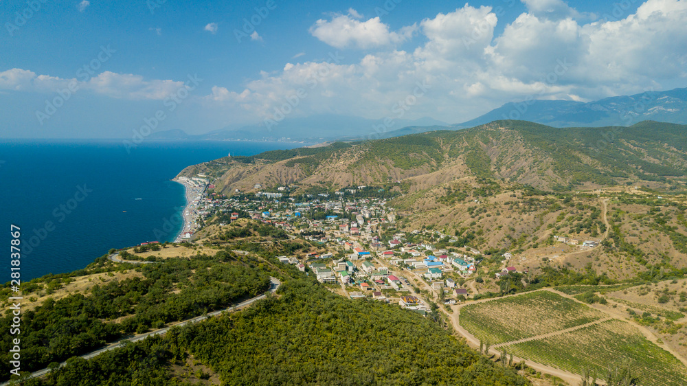 Crimea landscape: aerial view of vineyards in the lowlands of the mountain. Crimean vineyards.