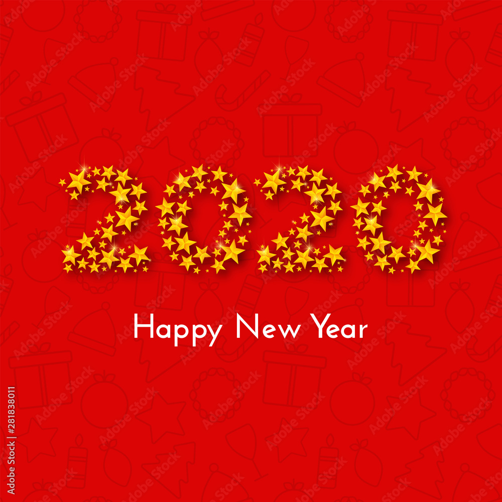 Holiday New Year 2020 gift card with numbers of golden stars on red background with Christmas icons. Template for a banner, poster, invitation. Vector illustration