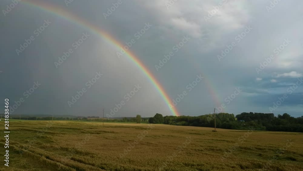 Rainbow Above Wheat Field. Flight Sideward Ripe Crop Field After Rain and Colorfull Rainbow in Background Rural Countryside. Aerial Dron Shot. Rainbow Above Wheat Field. Flight Sideward Ripe Crop Field After Rain and Colorfull Rainbow in Background Rural Countryside. Aerial Dron Shot.