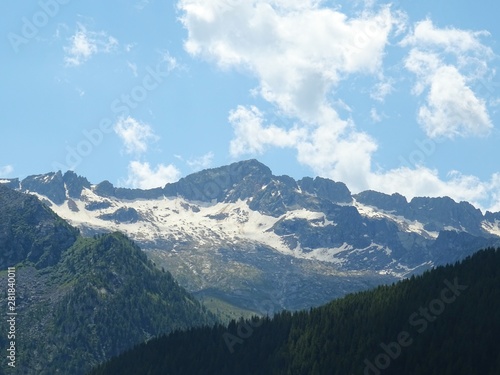 The Alps with its woods and glaciers near Monte Rosa and the town of Macugnaga  Italy - July 2019.