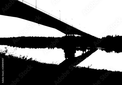 Black bridge landscape silhouette. Card with copy space. Isolated on white background. Vector nature illustration