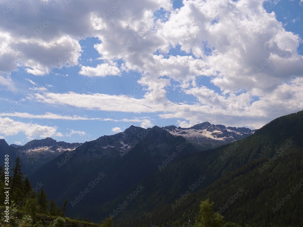 The Alps with its woods and glaciers near Monte Rosa and the town of Macugnaga, Italy - July 2019.