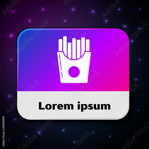 White Potatoes french fries in carton package box icon isolated on black background. Fast food menu. Rectangle color button. Vector Illustration