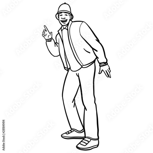 Oldschool hip hop breakdancer in bboy stand. raises his finger in the air. character design, outline, skech.