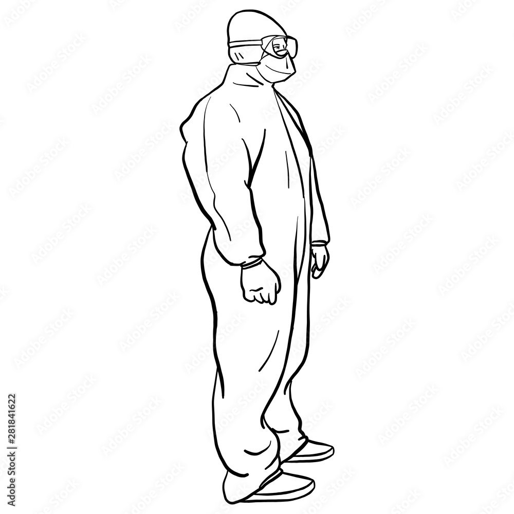 Fototapeta premium Character illustration of a man in protective suit and goggles. nuclear power station worker, occupation, doodle, outline, sketch.
