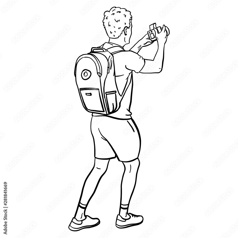 outline vector drawing of a man with backpacks and camera in hand from behind. Back view, tourist, doodle.