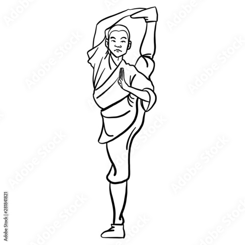 Hand drawn vector illustration of a comic shaolin monk in old traditional clothes standing there.