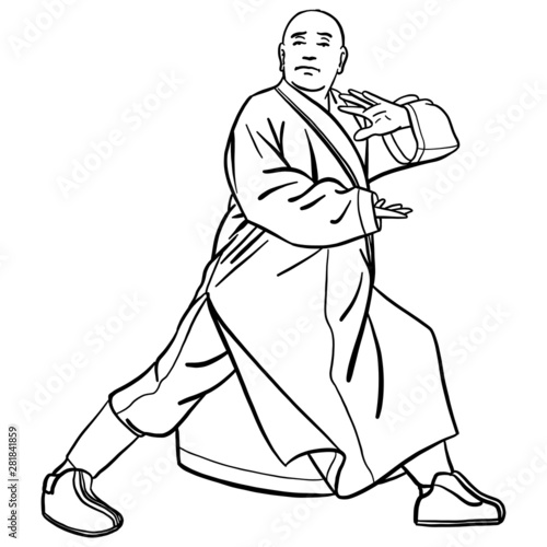 Hand drawn vector illustration of a comic shaolin monk in old traditional clothes standing there.