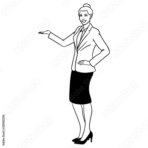 Doodle drawing of a woman pointing at something. suit, skirt, monochrome, black, white.