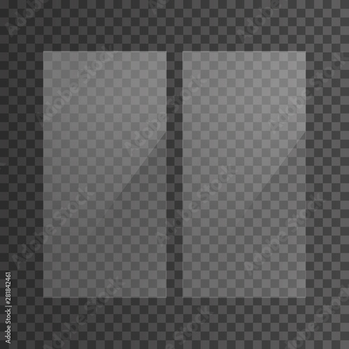 Realistic effect of reflection on a plastic window. Double-glazed window advertising. Glass plate set on transparent background. Clear glass showcase. Realistic window mockup. Vector illustration