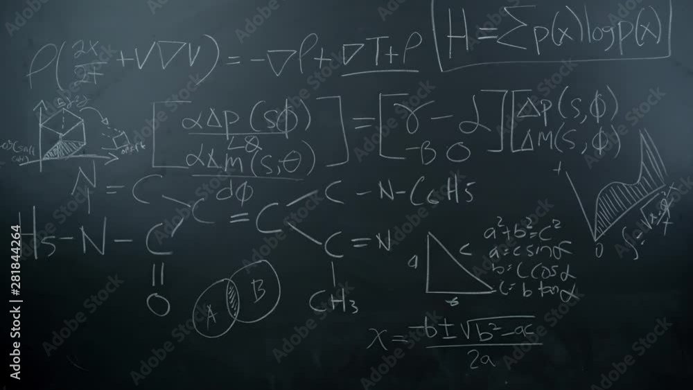 Stop motion of maths formulas written by white chalk on the blackboard background. Shot in 4k resolution Stop motion of maths formulas written by white chalk on the blackboard background. Shot in 4k resolution