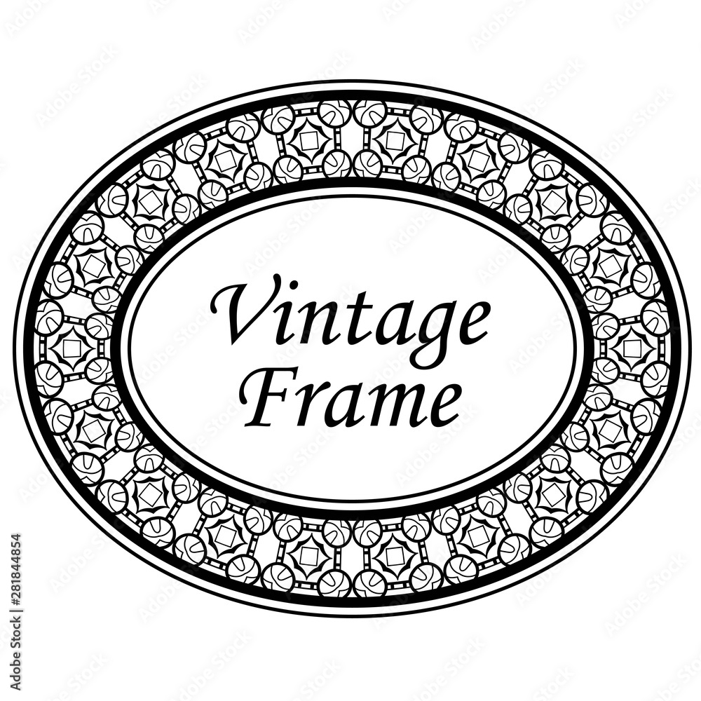 Decorative oval modern retro frame. Black border on white background