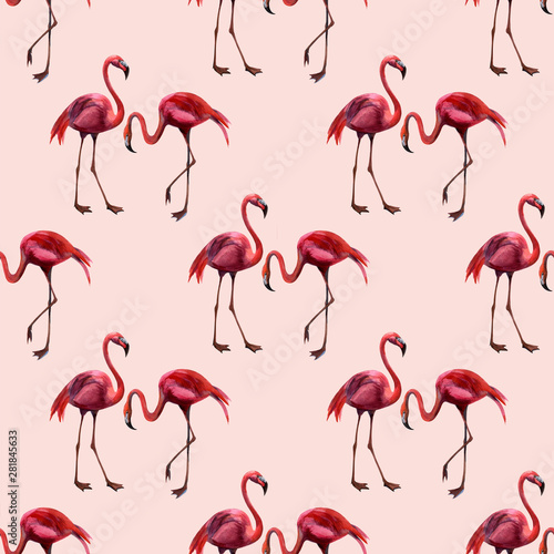 Tropical wildlife flamingo  seamless pattern. Hand Drawn jungle nature, flowers illustration. Print for textile, cloth, wallpaper, scrapbooking © Artmirei