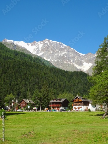 The architecture of the small town of Macugnaga and its hamlets, in the Italian Alps - July 2019.