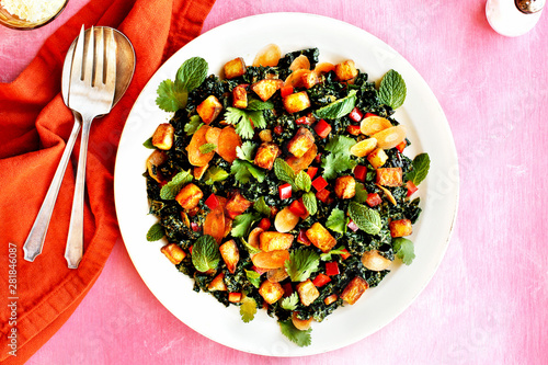 Wallpaper Mural Roasted Potato Kale Salad with Cilantro Mint Vinaigrette photographed on a pink background Torontodigital.ca