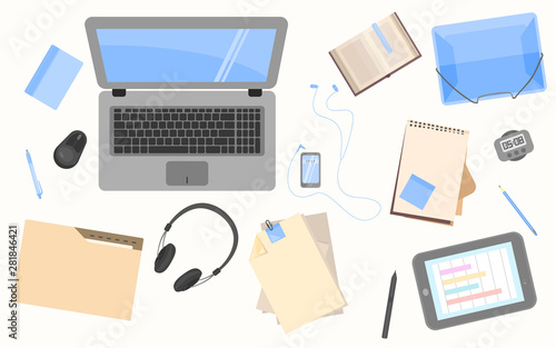 A vector set of stationery images. Flat icons for laptop, phone, folders.