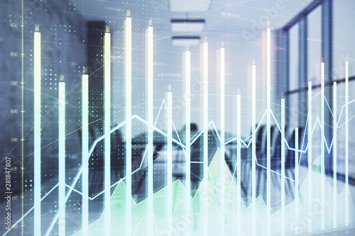 Multi exposure of stock market graph on conference room background. Concept of financial analysis