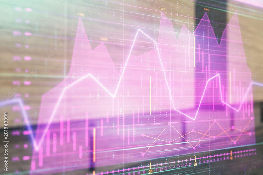 Double exposure of stock market graph on empty exterior background. Concept of analysis