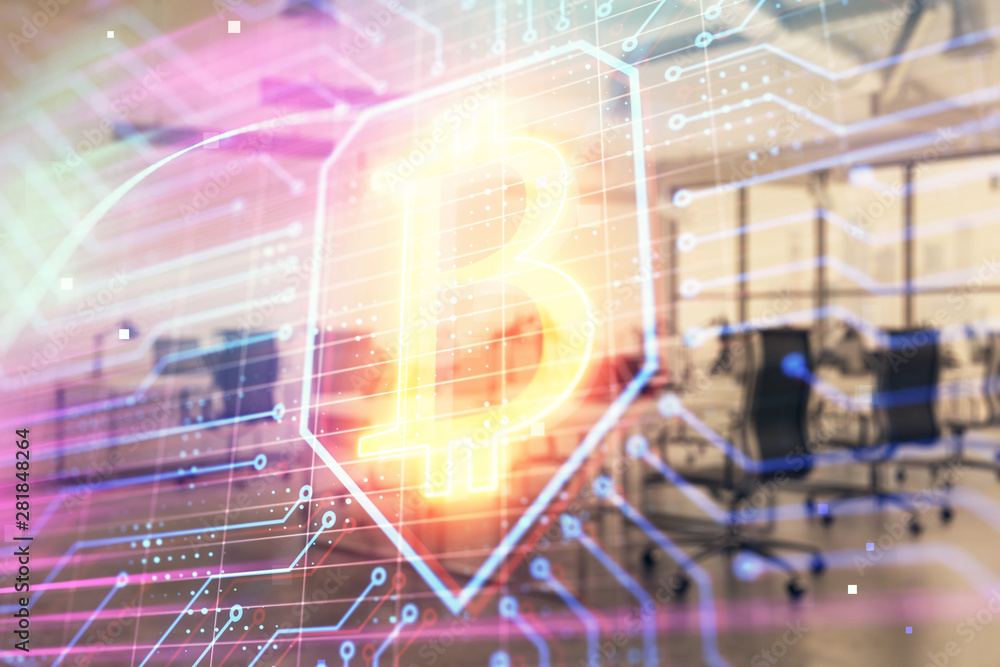 Cryptocurrency theme drawing with office interior background. Double exposure. Concept of blockchain. Cryptocurrency theme drawing with office interior background. Double exposure. Concept of blockchain.