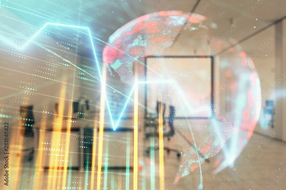 custom made wallpaper toronto digitalStock and bond market graph and world map with trading desk bank office interior on background. Multi exposure. Concept of international finance