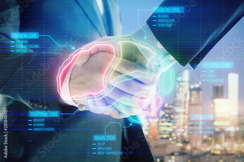 Double exposure of human brain hologram on city view background with handshake. Concept of education