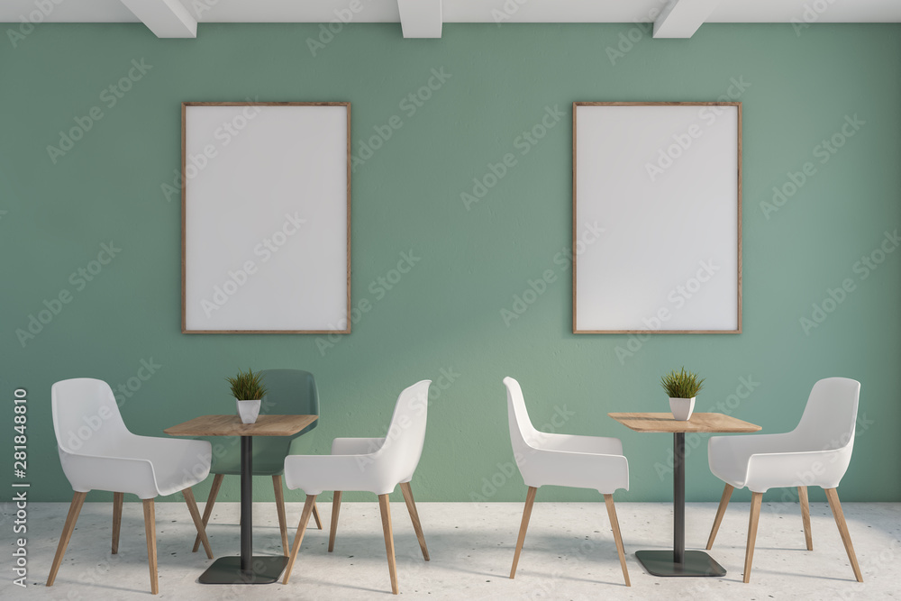 Fototapeta premium Green minimalist cafe interior with poster