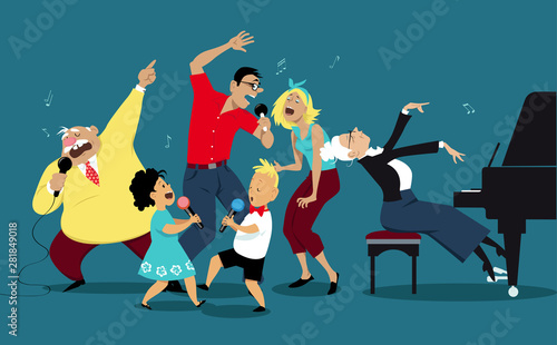 Fotografie, Obraz Three generation family singing karaoke together, EPS 8 vector illustration