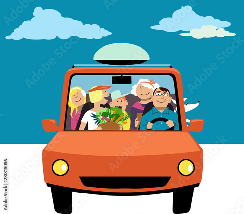 Family in a car driving on vacation, EPS 8 vector illustration