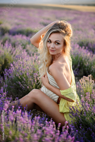 Woman walk on the lavender field.