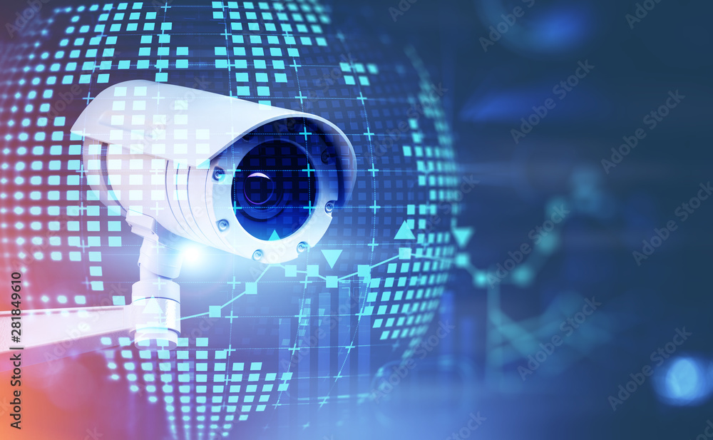 Surveillance street camera and planet hologram Surveillance street camera and planet hologram