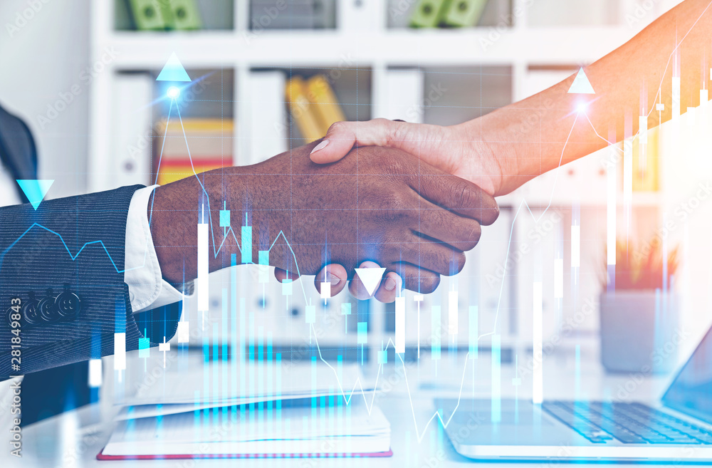 People shaking hands in office, digital graph People shaking hands in office, digital graph