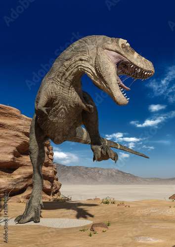 t rex the strongest dinosaur is angry in the sand and stone