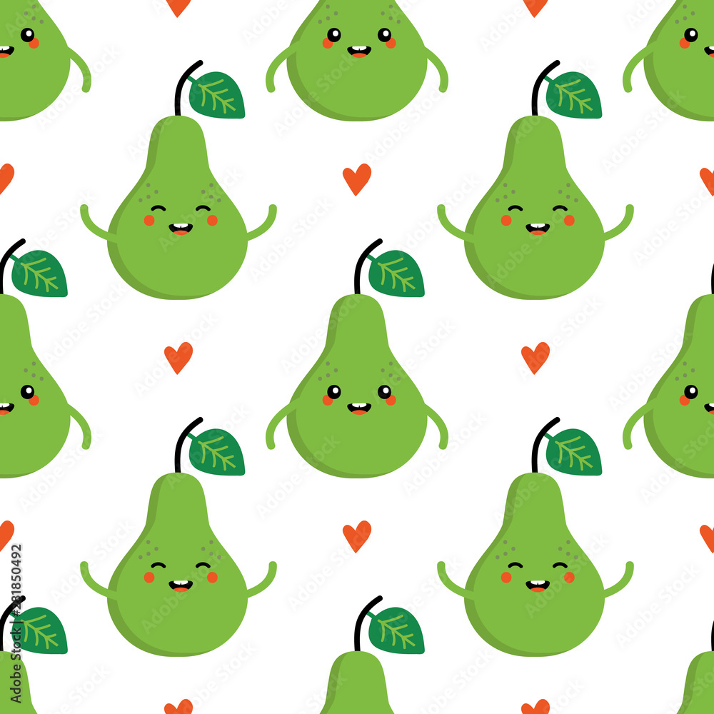 Cute vector seamless pattern background with green pear characters and hearts. Cute vector seamless pattern background with green pear characters and hearts.