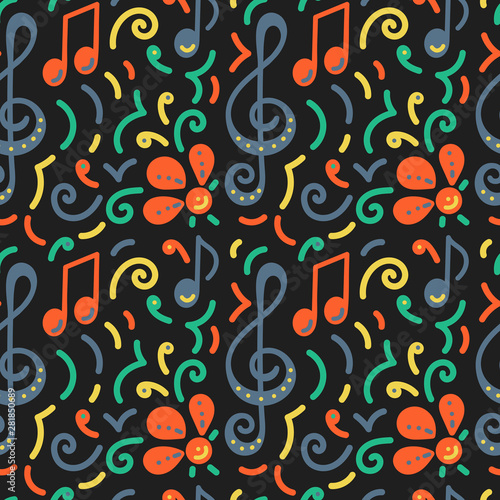 Seamless pattern. Doodle vector Poster, card music concert festival. Musical note, treble clef, flowers