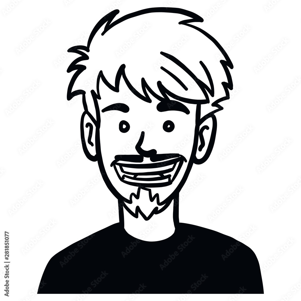 outline comic character of a man who laughs. black and white, monochrome, emotions.