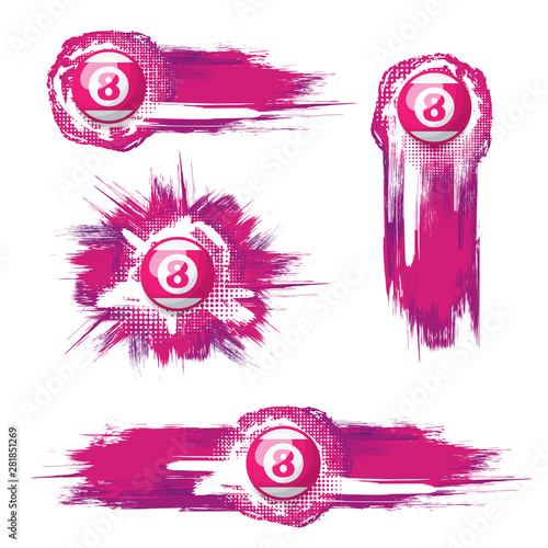Set of pink color billiards balls isolated on white background