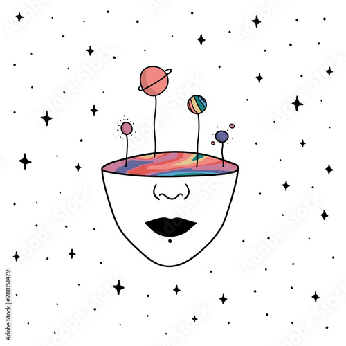 Hand Drawn rainbow planets in the space