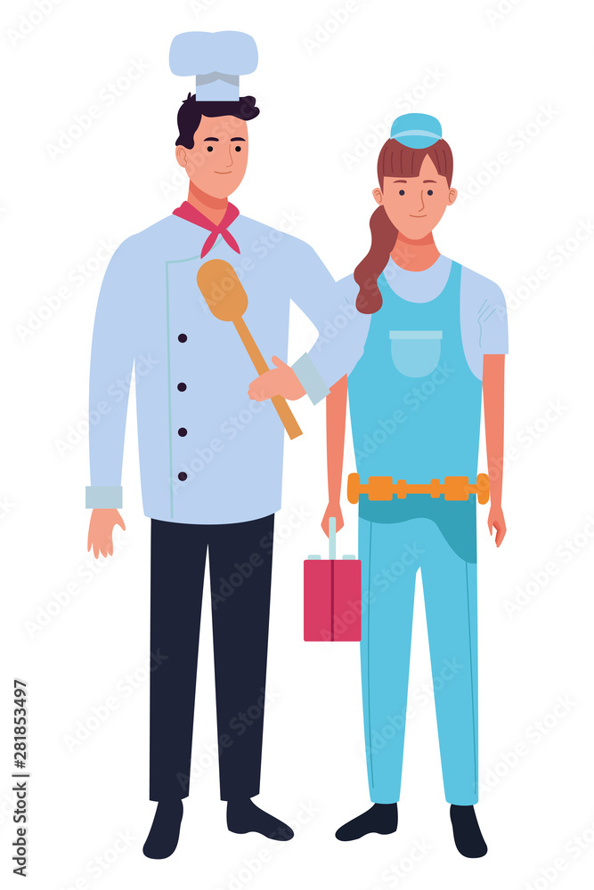 Professionals workers couple smiling cartoons Professionals workers couple smiling cartoons