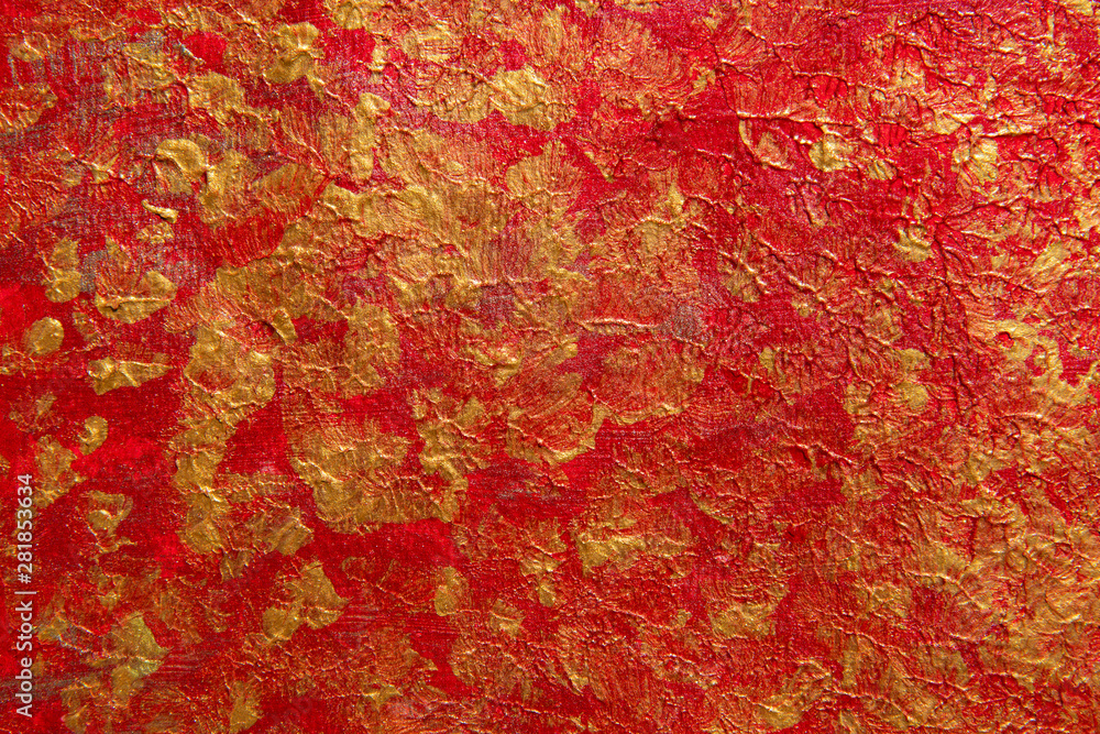 Unique handmade texture background.  Abstract metallic gold and bright red brush strokes with gold sparkles. Acrylic paint on canvas.