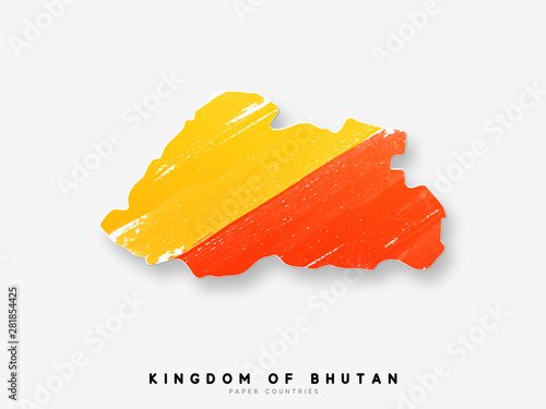Bhutan detailed map with flag of country. Painted in watercolor paint colors in the national flag