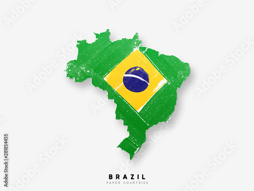 Brazil detailed map with flag of country. Painted in watercolor paint colors in the national flag