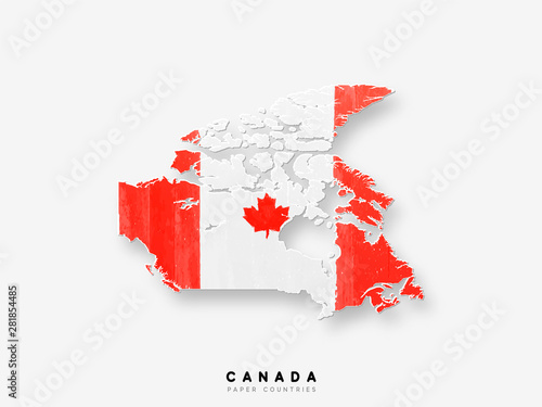 Canada detailed map with flag of country. Painted in watercolor paint colors in the national flag