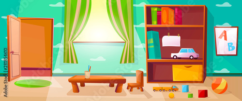 Kindergarten playroom with games  toys  abc and open door.  Elementary school class with window and table for children or kids. Wallpaper with cloud illustration.