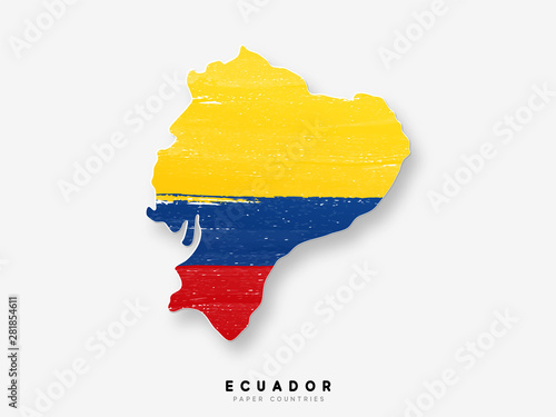 Ecuador detailed map with flag of country. Painted in watercolor paint colors in the national flag