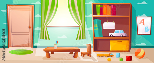 Children playroom with games, toys, abc ,door, window and big wardrobe.  Elementary school class with table for studying to kids. Wallpaper with cloud illustration.